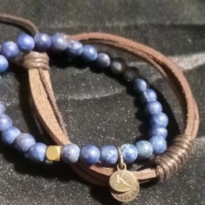 Blue lapis ,brass and Brown genuine leather Bracelet Set rivet revolution